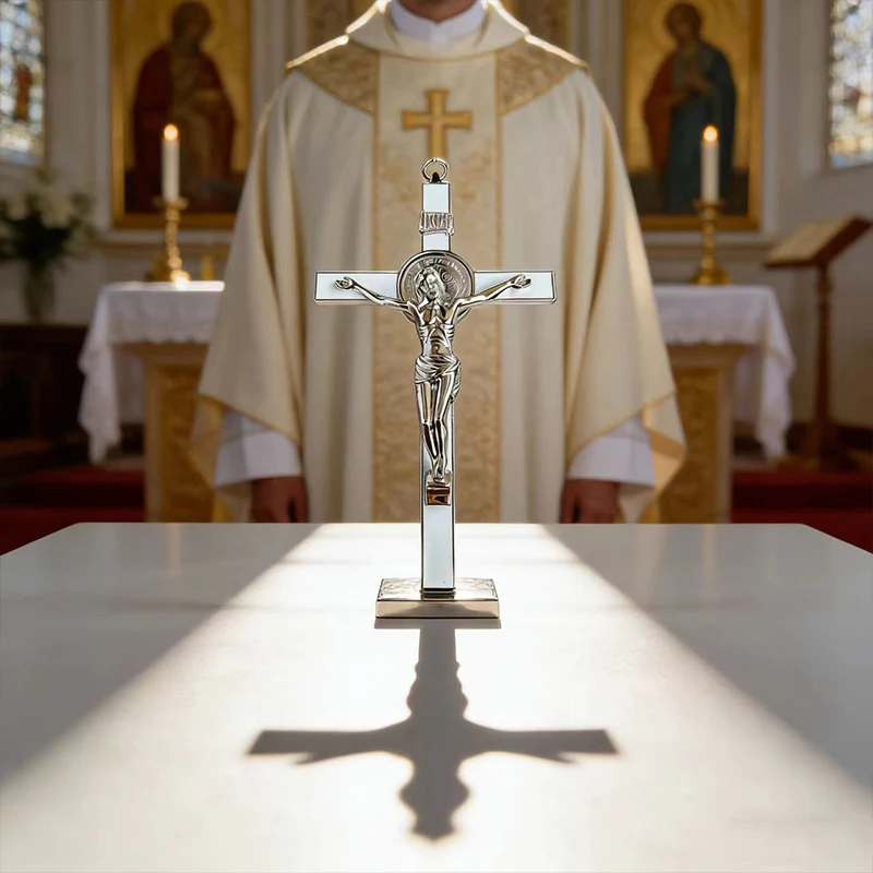 New High-Quality Silver-Plated Catholic St Benedict Crucifix with INRI Engraving for Wall Hanging and Daily Spiritual Devotion