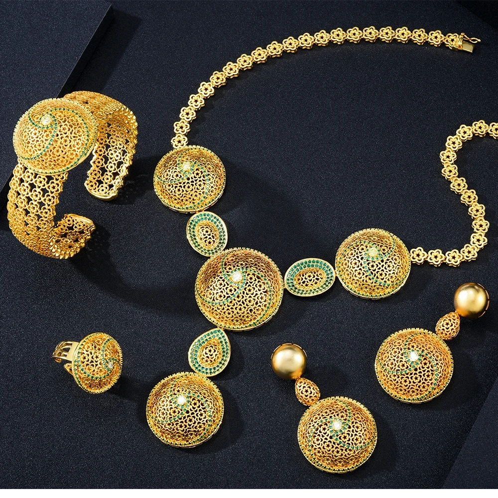 

Kellybola Luxury Necklace Bangle Earrings Ring Jewelry Sets For Women Wedding Party Crystal Dubai Green Red Big Bridal Gift