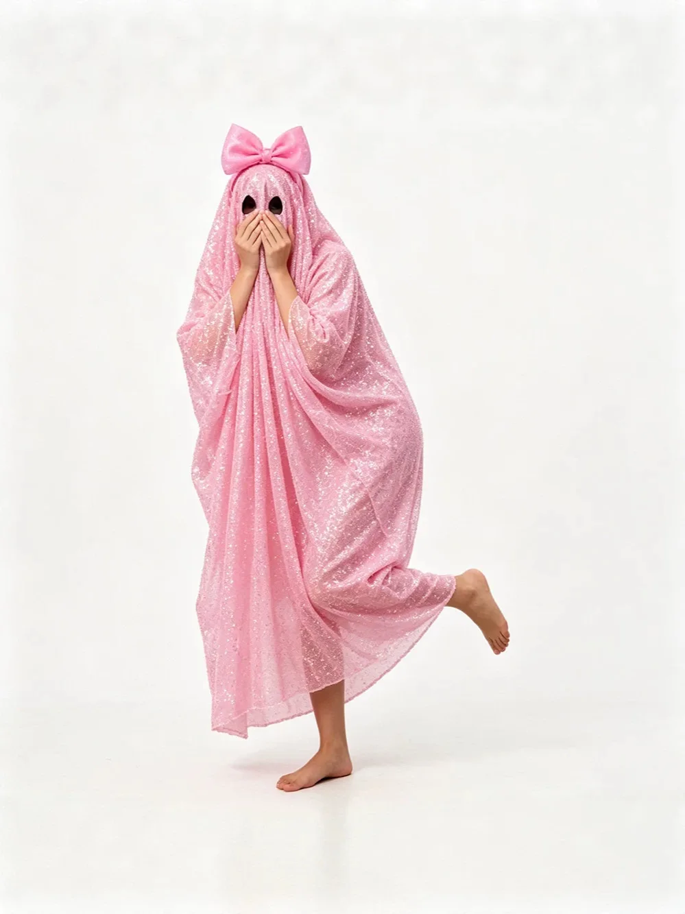 Pink Sequin Bow Cute Ghost Cape Halloween Costume for Girls Women Cosplay Holiday Carnival Fancy Dress Witch Cloak Role Play