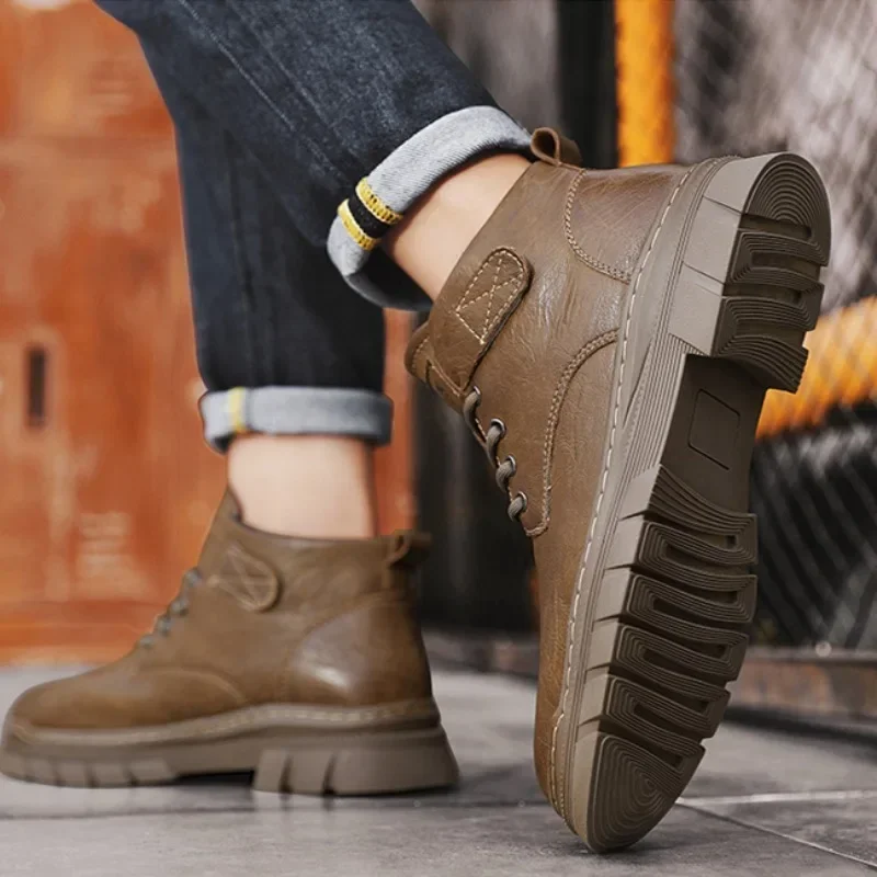 

High Top Leather Casual Boots For Men Spring and Autumn British Workwear Non Slip Soft Sole Comfort Outdoor Round Toe Boots