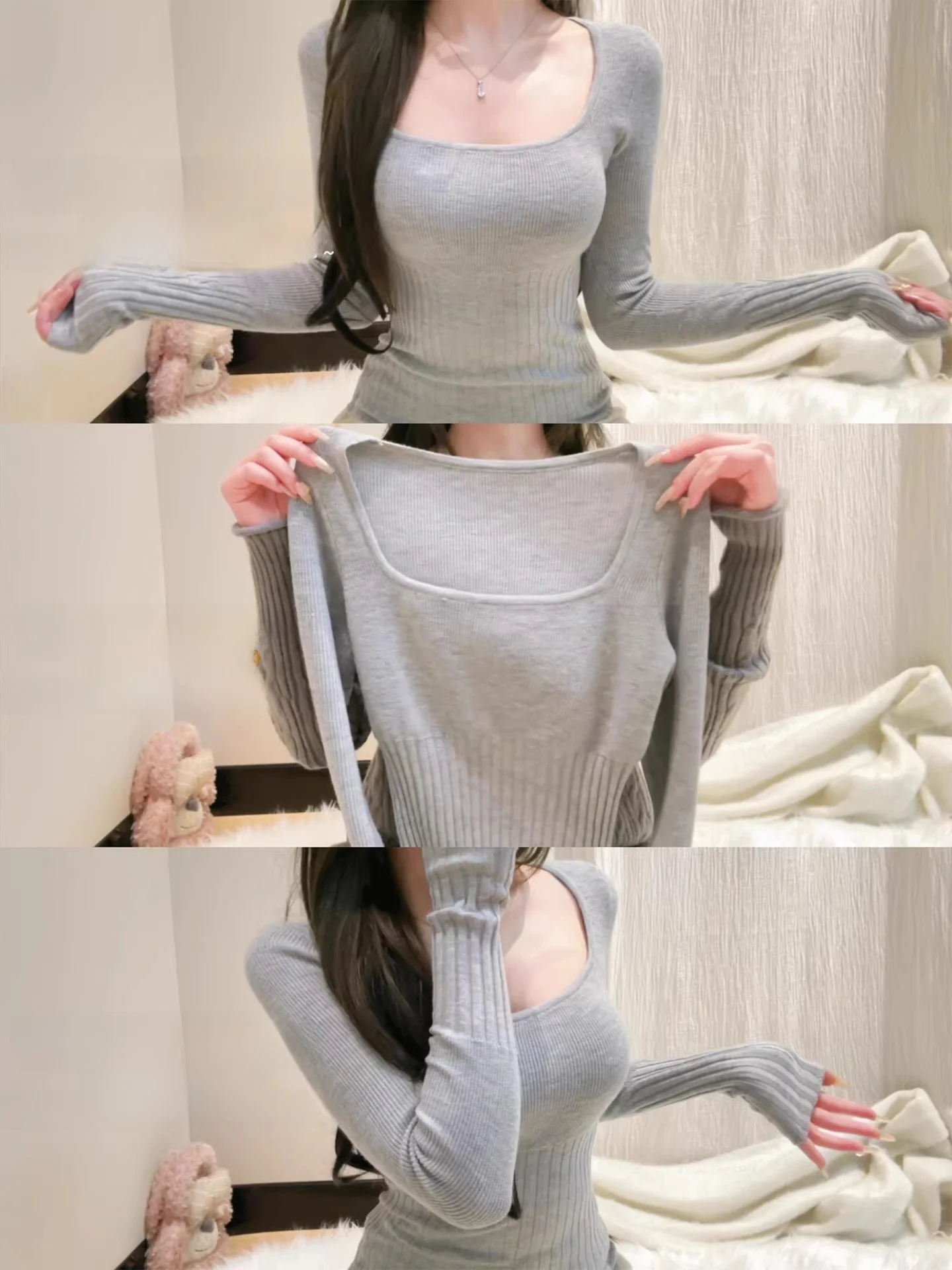 

ay Knitted Long Sve Base irt Women's Slim Fit Square Collar Autumn Winter Warm Inner Wear Casual Commute Sle Faion