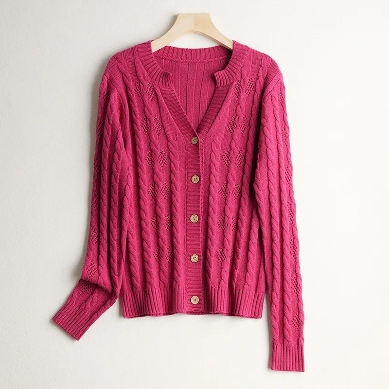 Women's Fashion New 65% Natural Mulberry Silk Cashmere Cotton Blended Casual Versatile Long Sleeve V-neck Solid Color Cardigan