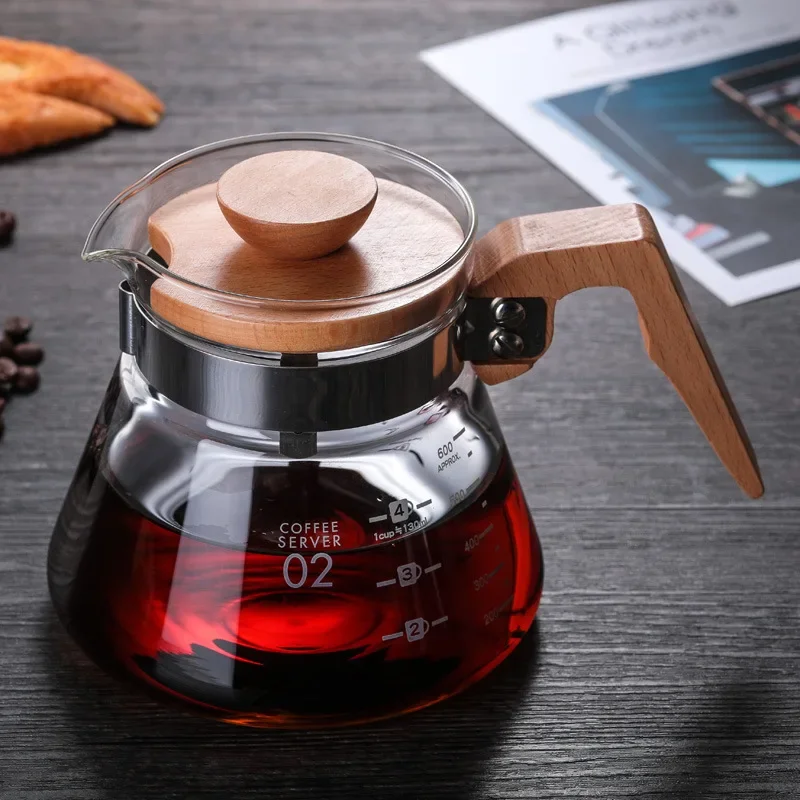 Hand Brew Coffee Maker Barista Tools Coffee Sharing Pot High Borosilicate Wooden Handle Hand Drip Kettle Coffeeware Teaware Tea