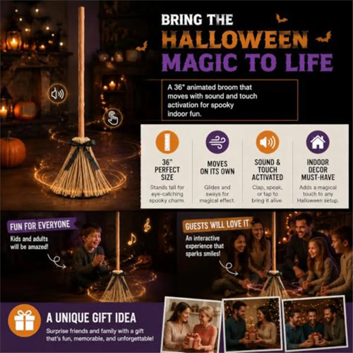 Moving Witches Broom for Halloween, Floating Animated Broomstick with Motion Effect for Spooky Decor & Party Display