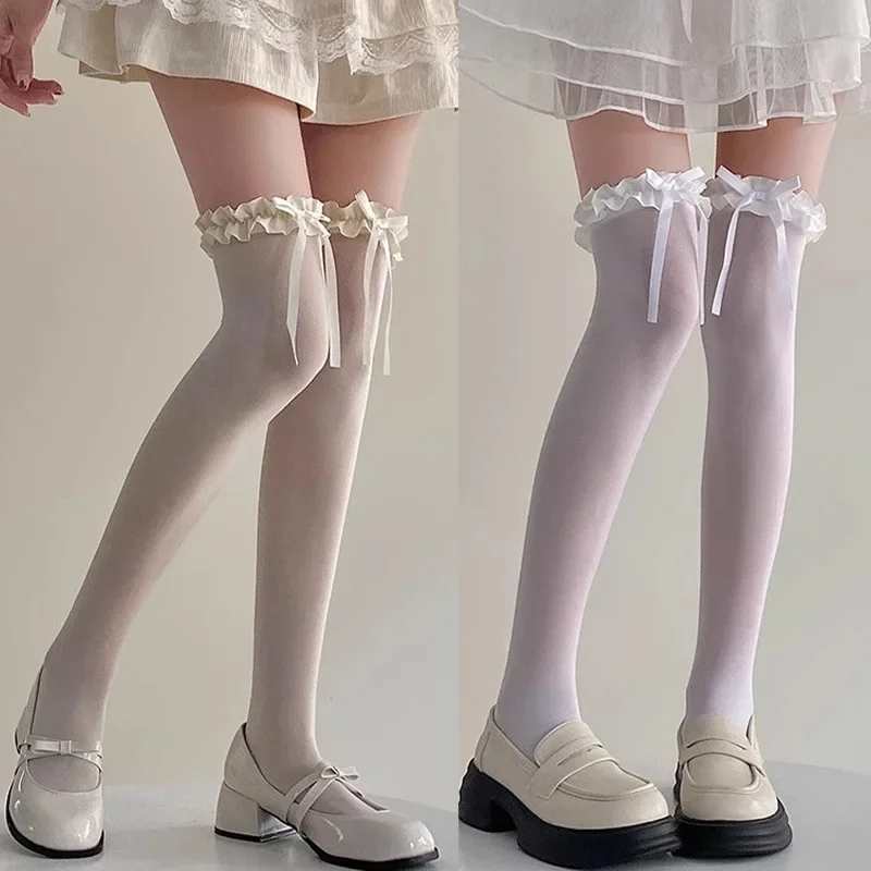 

2pairs Harajuku Lace Black White Ruffle Long Socks for Women Girls Nylon Over The Knee Sock Bowknot Sweet Hosiery Sexy Stockings