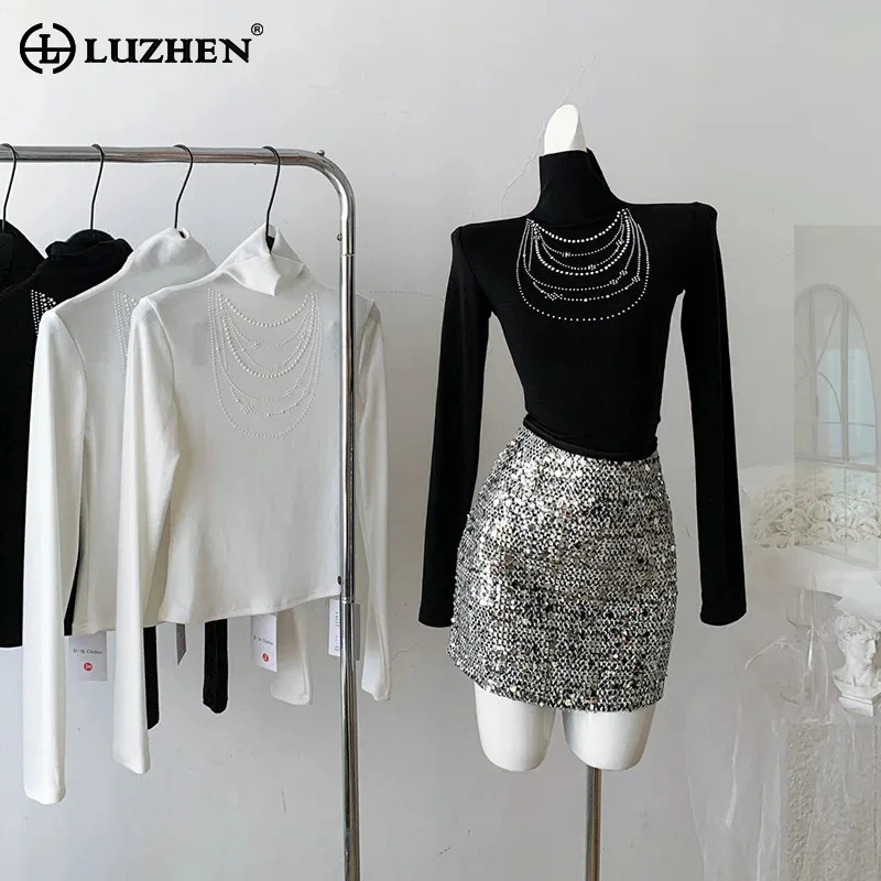 LUZHEN Luxury Hight Neck Long Sleeve Tops Sequin Bodycon Mini Skirt Women's Fashion 2024 Night Club Outfit Two-piece Sets AA2012