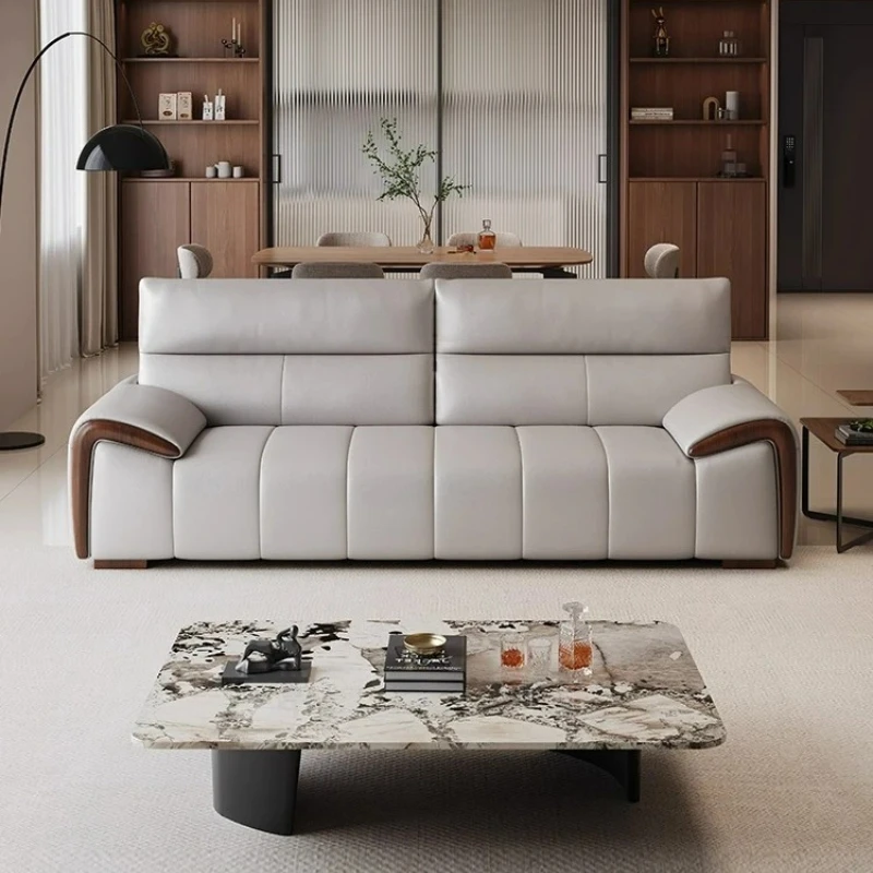 lt Italian leather sofa small apartment living room first layer cowhide straight row solid wood sofa