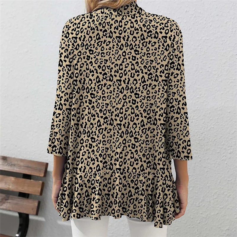 Spring Summer Elastic Fashion Random Printed Seven-Quarter Sleeve Ruffle Cardigan Blouse Jacket Casual Tops