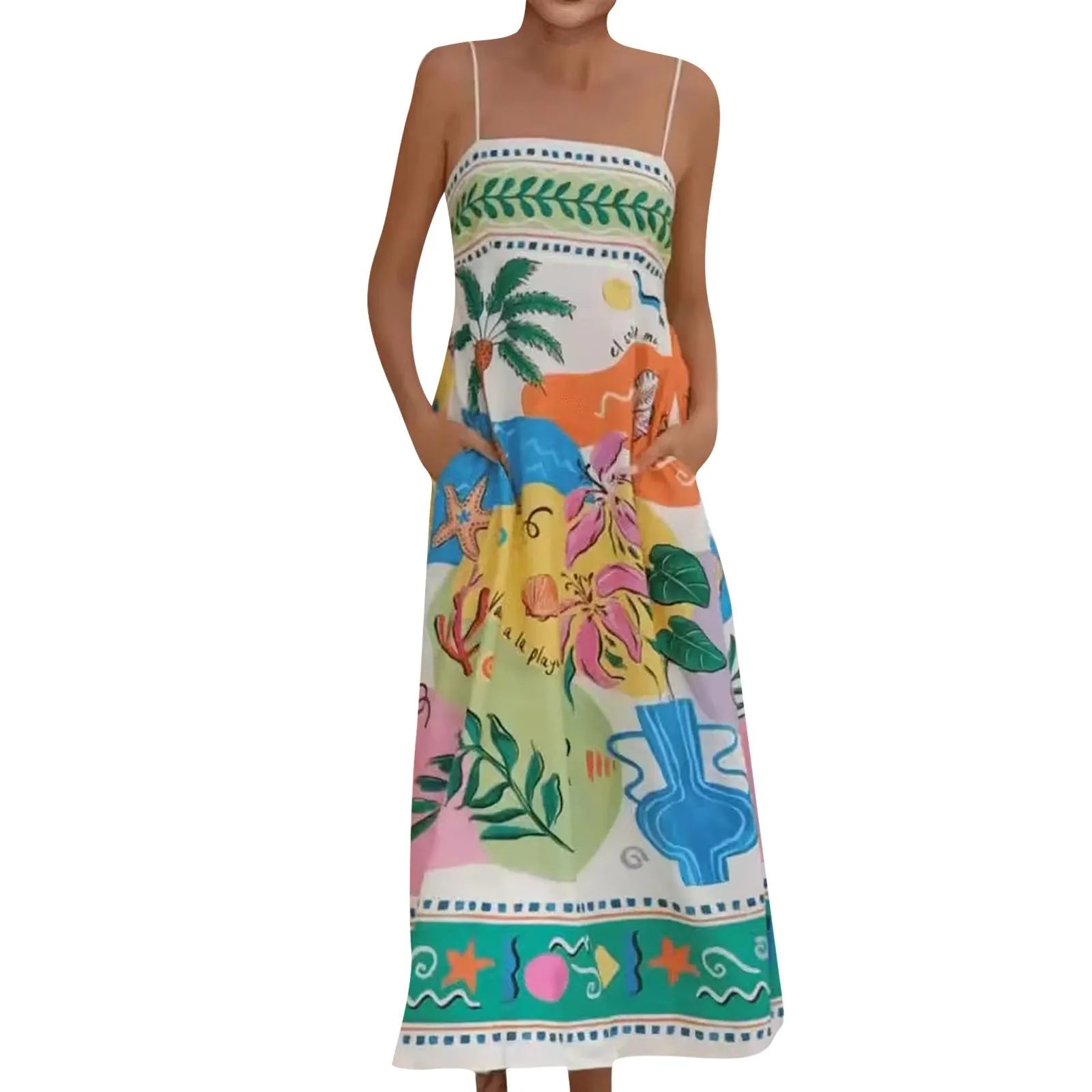 Women Long Printed Spaghetti Strap Dress Fashion Bohemian Sleeveless A-line Long Dress Elegant Female Holidays Beach Dresses