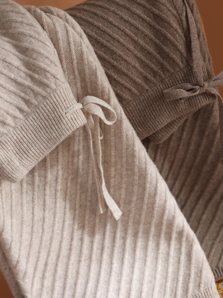 TLOML Autumn Winter Women's 100% Merino Wool Slant Orchid Wide Leg Pants Cable Knit Thick Soft Warm Cashmere Casual Comfy Pants