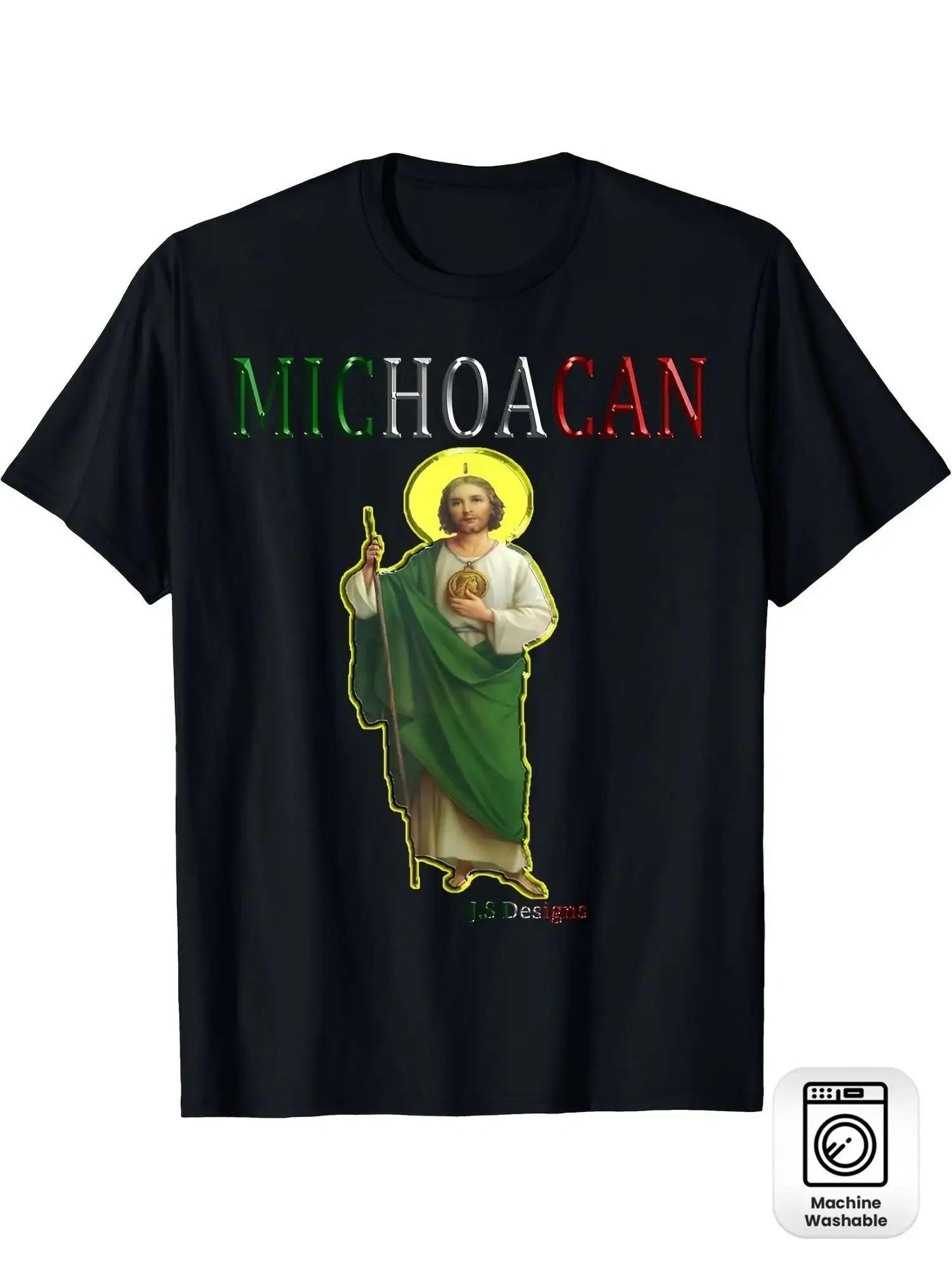 Men& 39s San Judas Tadeo Michoacan Graphic Tee - Black Casual Summer T-Shirt with Religious Design Machine Washable Round Neck Regular Fit Same Style for Men and Women 2026 Summer Short-sleeved Printed T-shirt