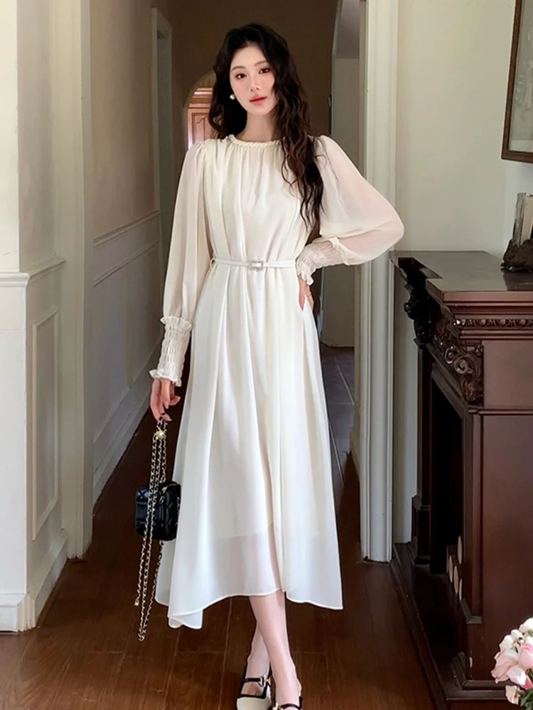 Ropa de mujer de gasa lisa con cuello redondo ajustado vestido largo acampanado elegante señora moda fiesta graduación Vestidos Fiesta bata Casual otoño nuevo