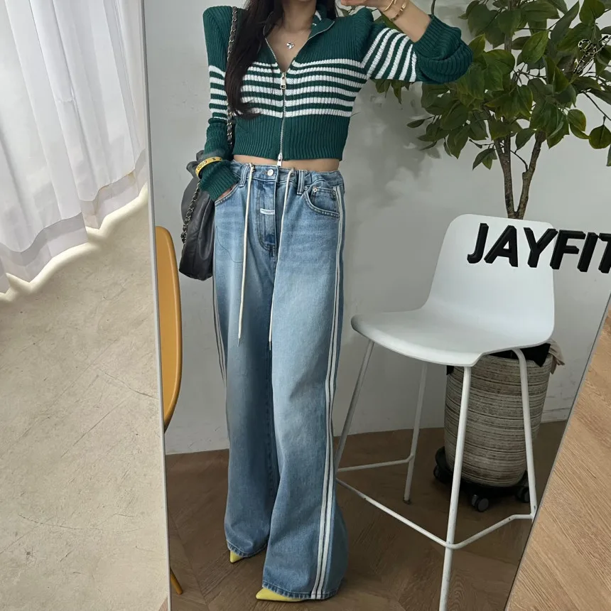 Retro jeans met hoge taille en wijde pijpen Dames Cool Pittig Faionable Distred Straight Vloerlengte Broek Dstring Zijstreep...