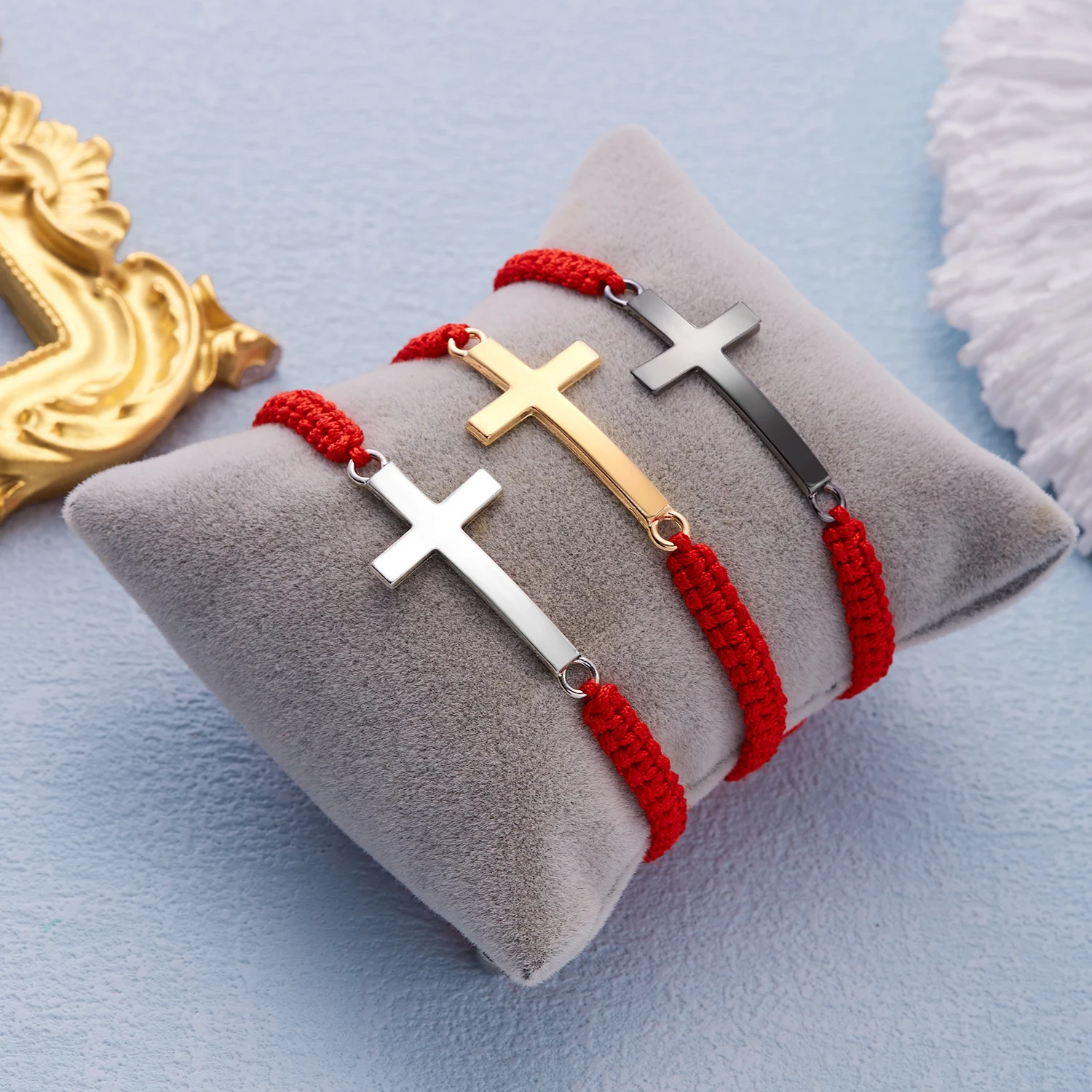 Hip Hop Edelstahl Kreuz geflochtenes Armband für Frauen Männer rot schwarz einfaches Paar verstellbare Handgelenk Armreif Christian Souvenir – Detail 1