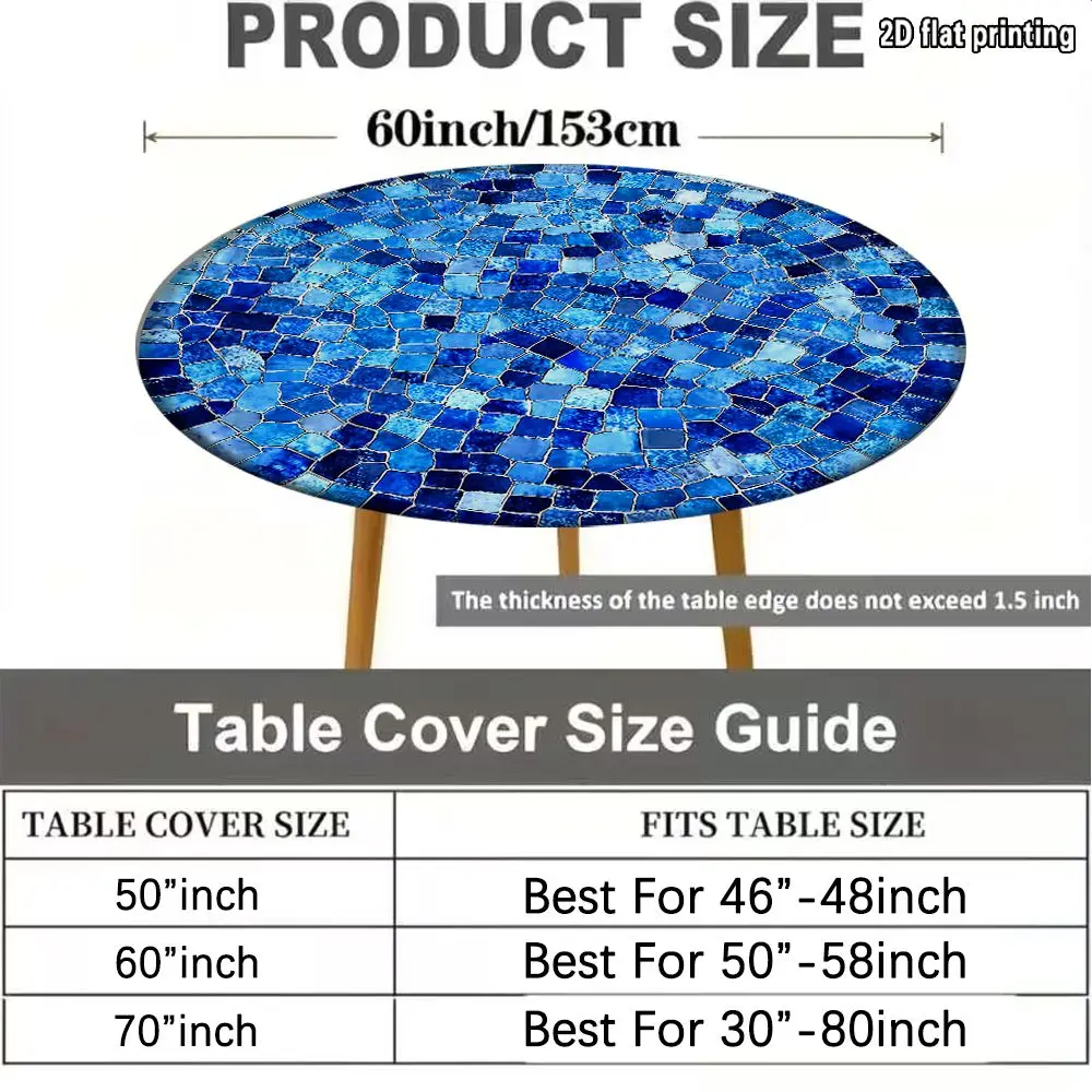 2D FLAT  1pc Elastic Round Tablecovers, Blue Mosaic Tile Pattern Ideal as Festival Halloween, Christmas Party Decor.