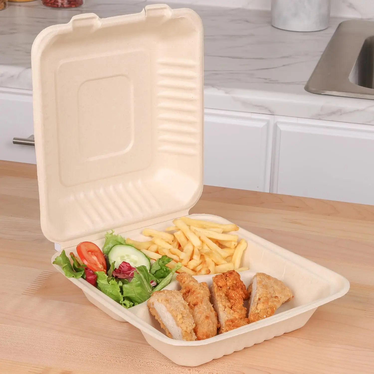 3 Compartment To Go Containers with Lids 8 * 8 – 100-Pack of Take Out Boxes, Disposable Food Containers