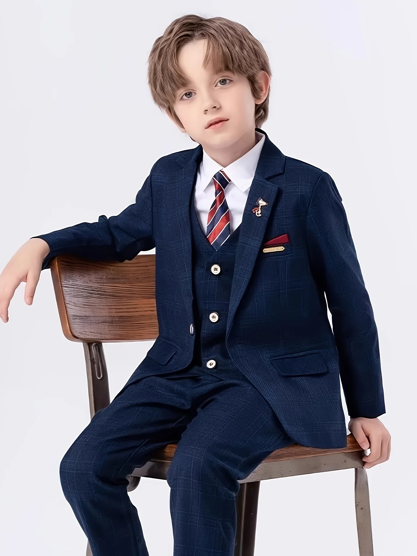 

Boys Plaid Blue 4Pieces Jacket Vest Pants Tie Photography Suit Gentleman Kids Wedding Party Dress Children Performance Costome