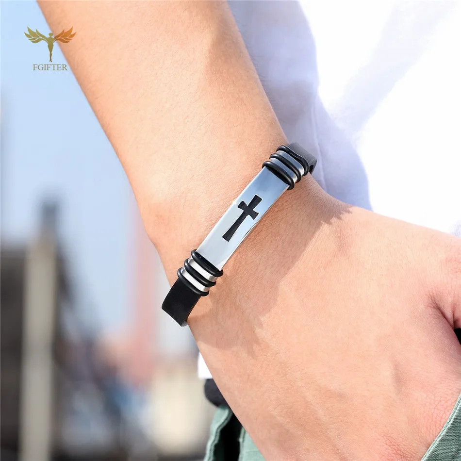 High Quality Stainless Steel Cross Bracelets For Men Women Washable Black Rubber Wristband Catholic Church Jewelry Accessories