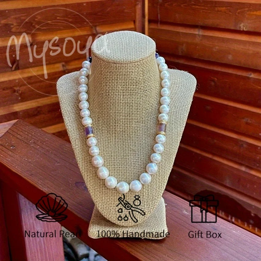 

MYSOYA 10-11 мм белый пресноводный жемчуг аметист ожерелье с подарочной коробкой идеальный подарок на свадьбу, день рождения, Рождество, Новый год