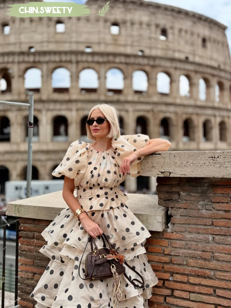 

Wave Point Pleated Cake Skirt Suit Women's Casual Bubble Sleeves Exposed Waist Lotus Leaf Hem 2 Piece Set 2025 New Street Outfit