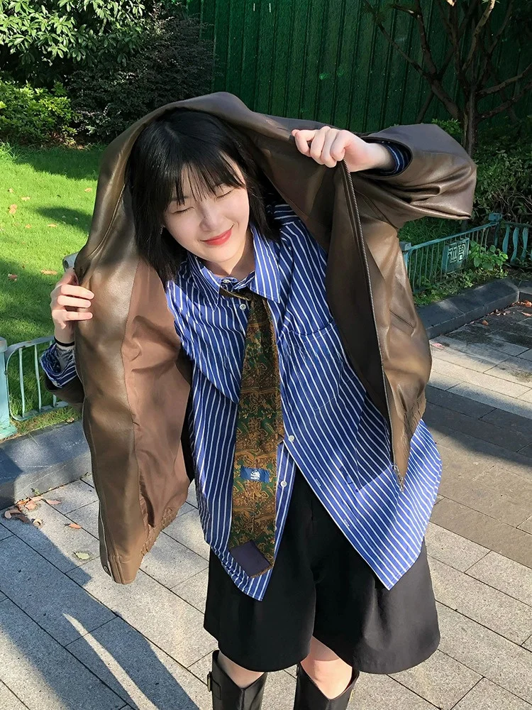 

Retro American Leather Jaet Women's Spring Loose Versatile Top Unique Design Brown Motorcycle ort Coat Outerwear