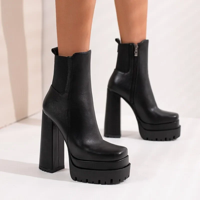 Winter Autumn Women Boots Sexy Mid Calf Boot Zipper Style PU 8CM  Heel  Square Head  and Women's Short Boots Black image 2