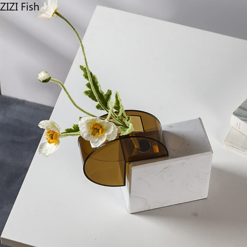 Acrylic Marble Vase Flower Vessels Ornament Desktop Decorative Vases Flower Arrangement Dried Flower Vase Hydroponic Vases