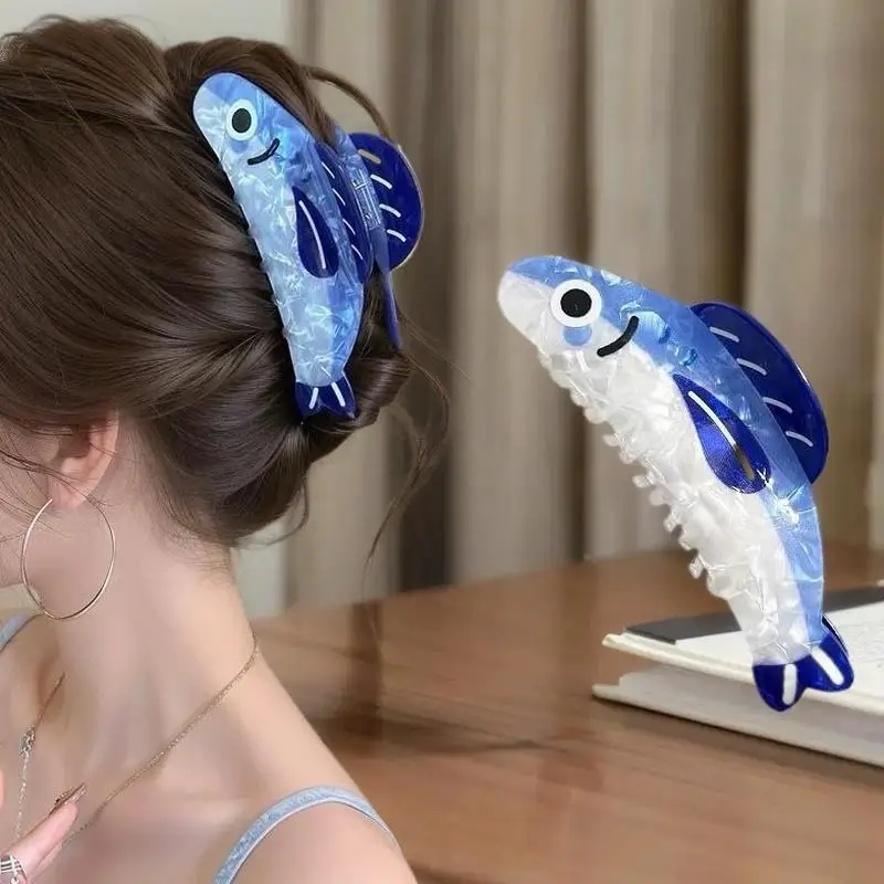 ユニークな青いイワシをテーマにしたヘアクリップ、滑り止め付き、軽量アセテートヘアピン
