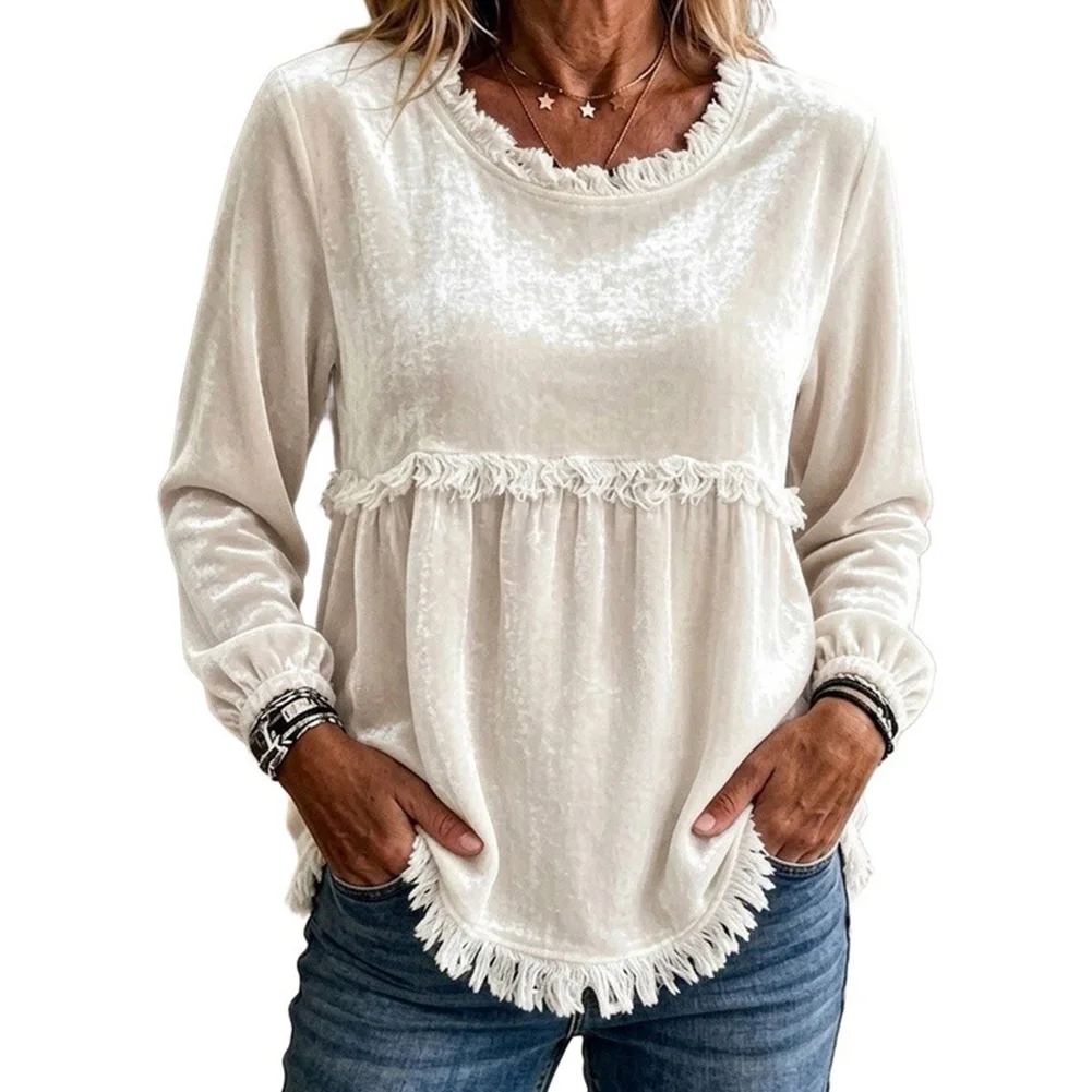 Women 1Slim Round Collar T-Shirt Solid Long Sleeve For Velvet Pullover Tops Blouse Casual Fashion Loose Lace Splicing Coat ﻿