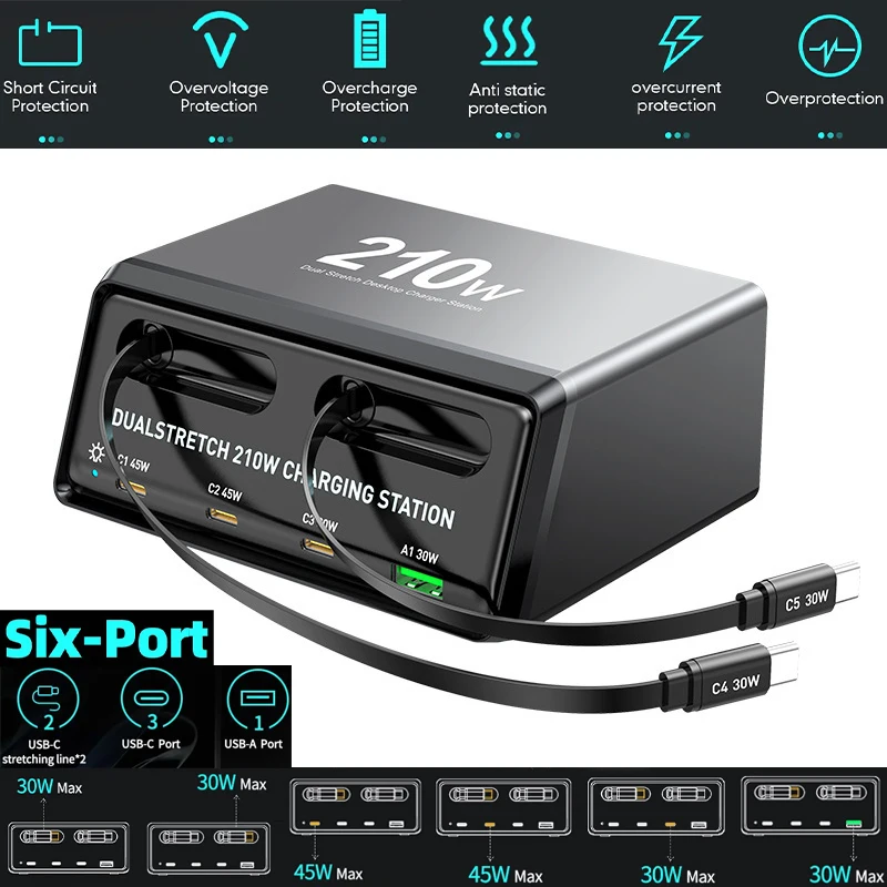 

210W Charging Station 6-in-1 Fast Chargers 70cm Extension Cable * 2+3 ports PD fast charging * 1 port USB Smart Desktop Charge