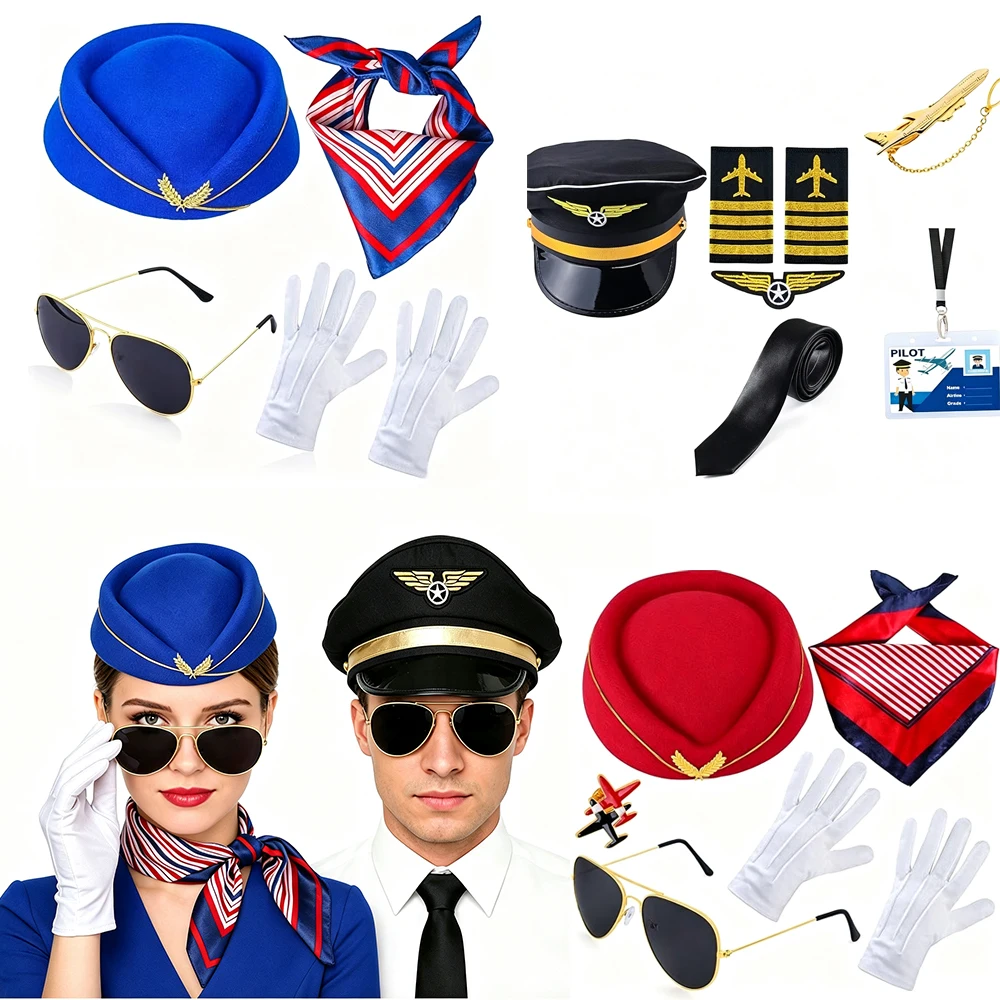 Conjunto de accesorios de disfraz de azafata para mujer, accesorios de disfraz de azafata para hombre, gorra, gafas de sol, corbata, traje de Halloween