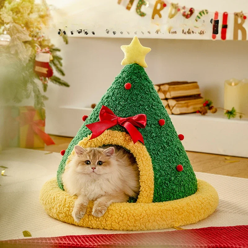 Christmas Tree Triangle Nest Cat and Dog Nest Semi Closed Cat Hole Christmas Sock Nest New Year Pet Warm Bed Cat House Dog Bed