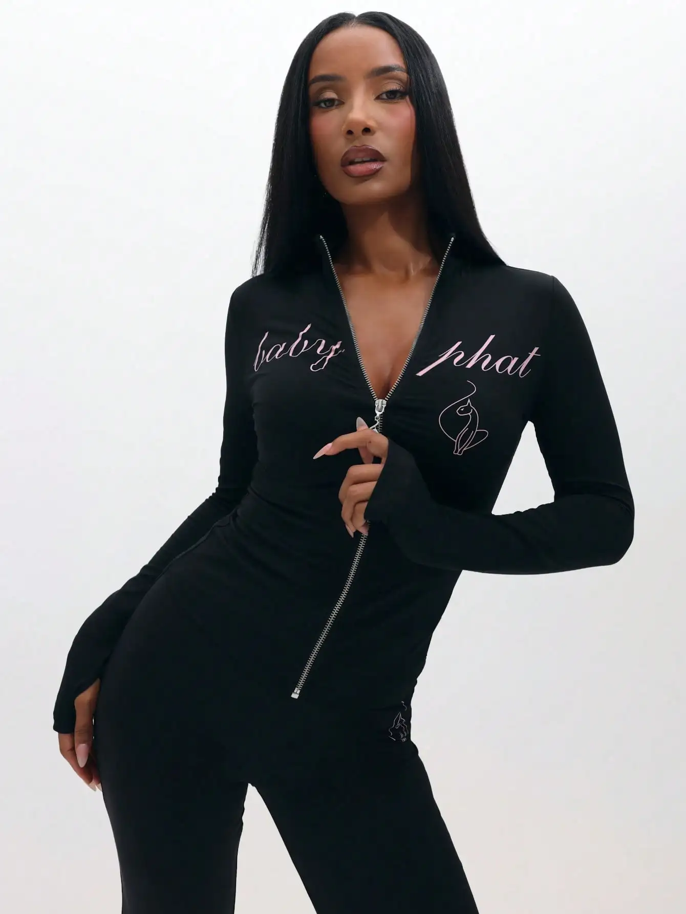 

BABYPHAT Long Sleeve Zip-Up Top with Script Print & Logo - Casual Everyday Wear