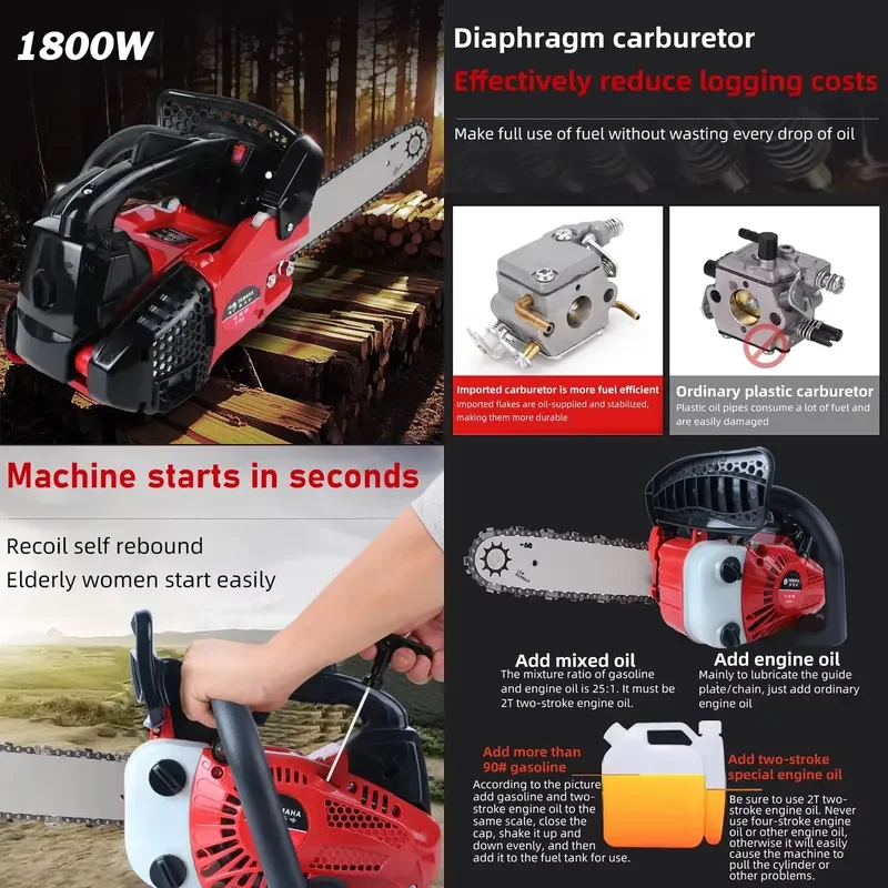 1800W 25CC Gas-powered Chainsaw Wood Cutting Chainsaw Portable Single-Handheld Logging Mini Saw for Wood Cutting Outdoor