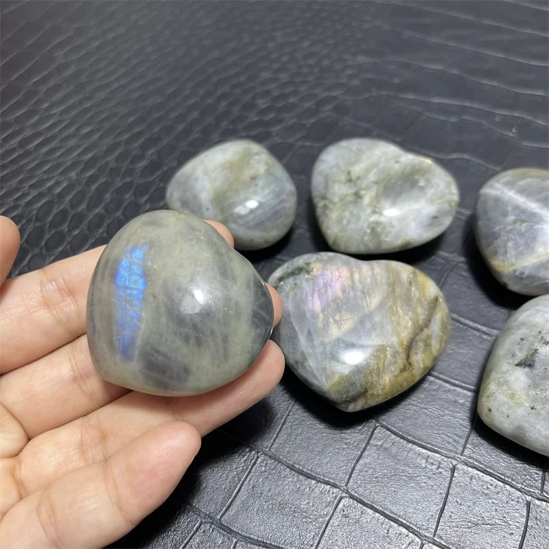 6pcs Natural Crystal Labradorite Stone Heart Shaped Blue Yellow Light Healing GemHome Fish Tank Aquarium Decoration