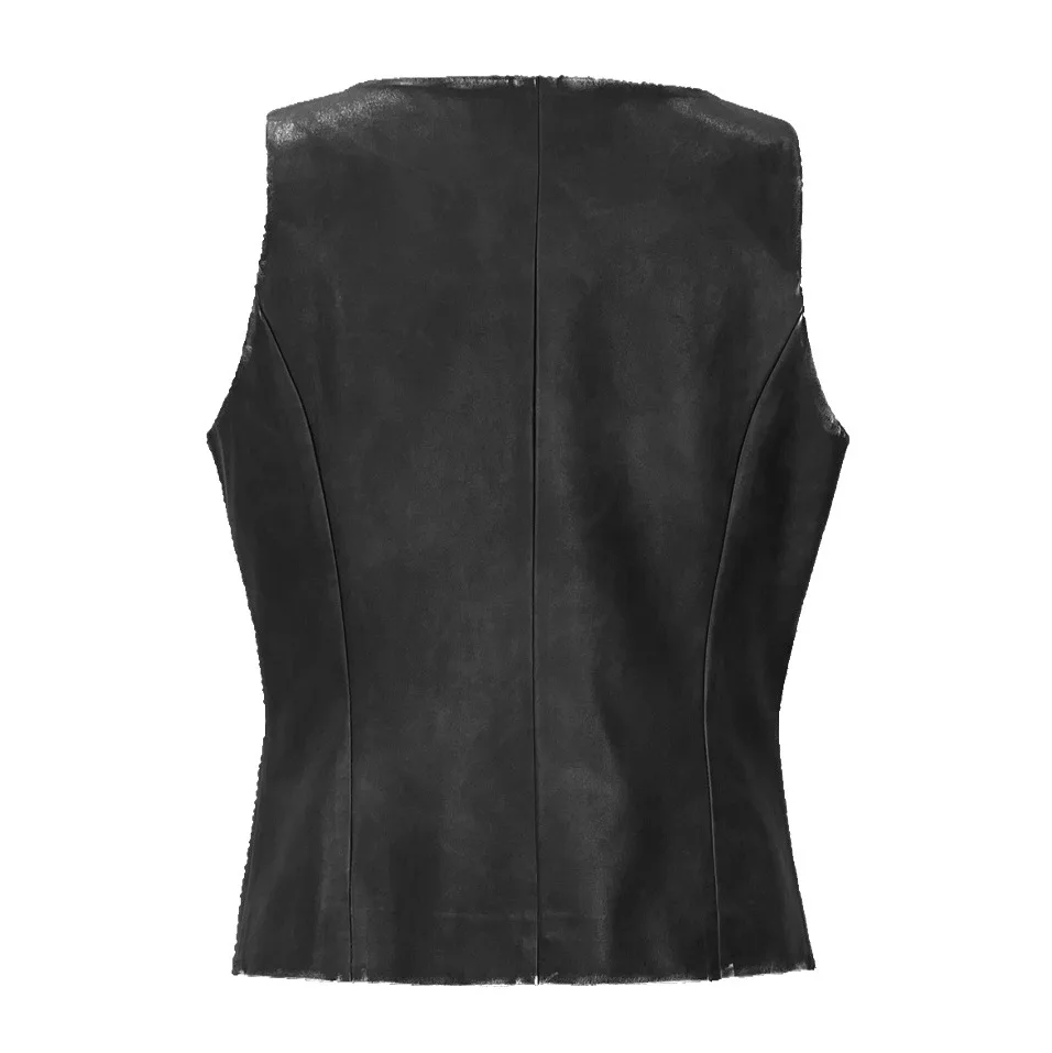 2023 New Style Women's Color Wiping Single Breasted Button Short Genuine Sheepskin Leather Vest