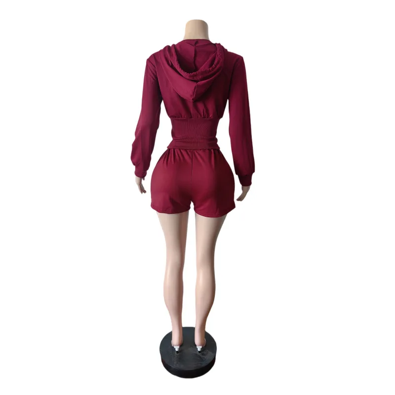 Herbst Damen Cropped Hoodie mit Reißverschluss, Shorts mit Kordelzug, Lounge-Set, lässige, gemütliche zweiteilige Schlafbekleidung, Streetwear-Outfit – Detail 12