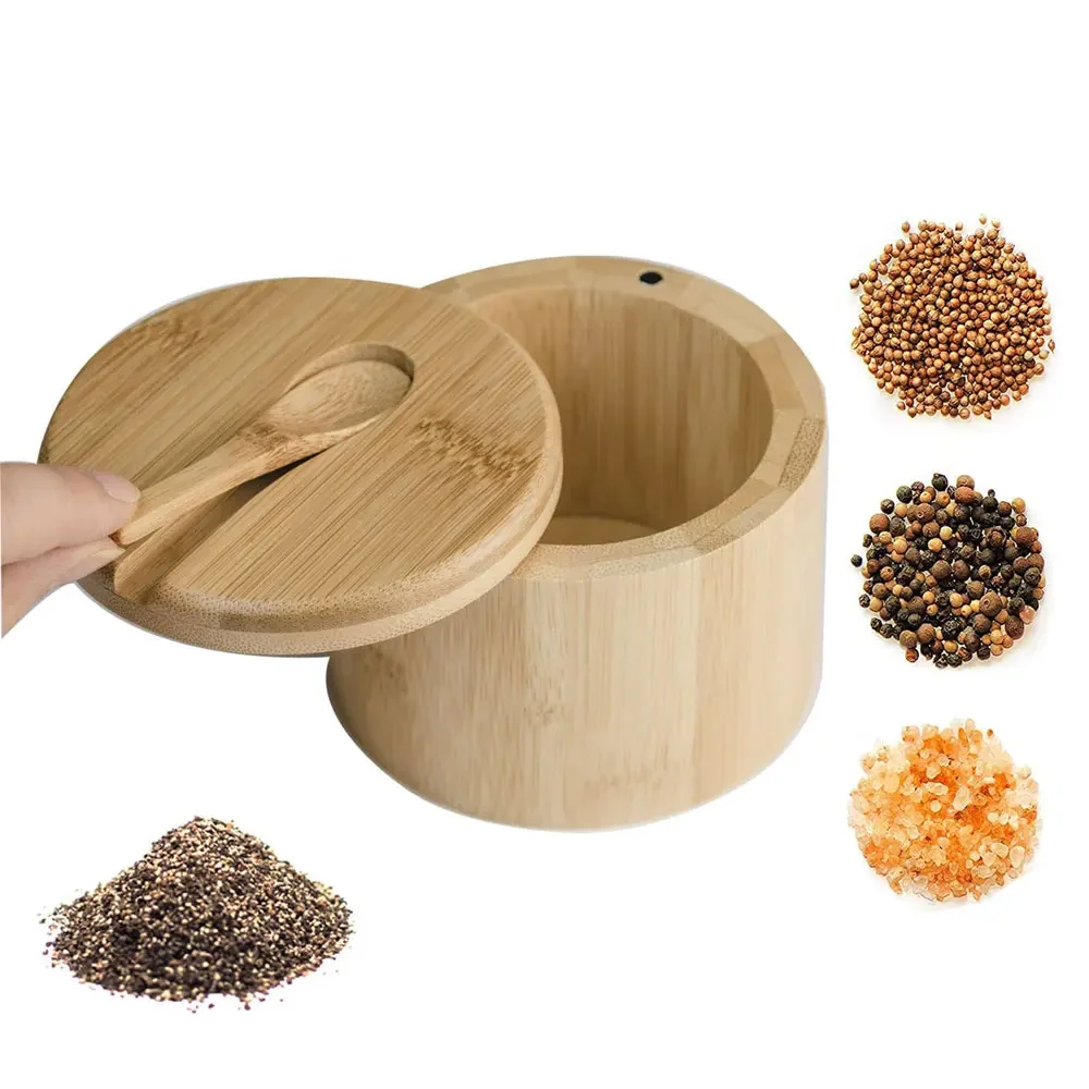 Bamboo Salt Container Spoon Seasoning Jar With Swivel Magnetic Closure Lid to Keep Dry To Storage Pepper Cellar Spice  Holder