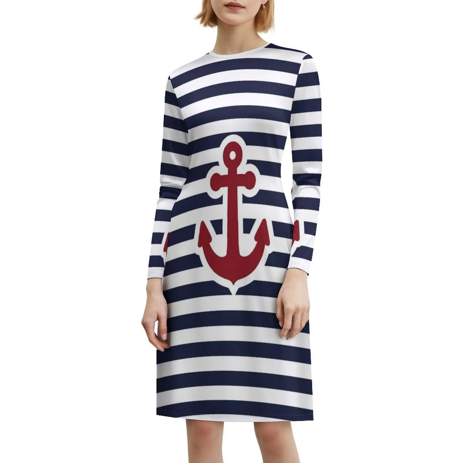 فستان بوهيمي أحمر مرساة بدون أكمام للنساء مطبوع فساتين حفلات الشاطئ Marinière Marin Ancre Rayures فستان أزرق للفتيات #6