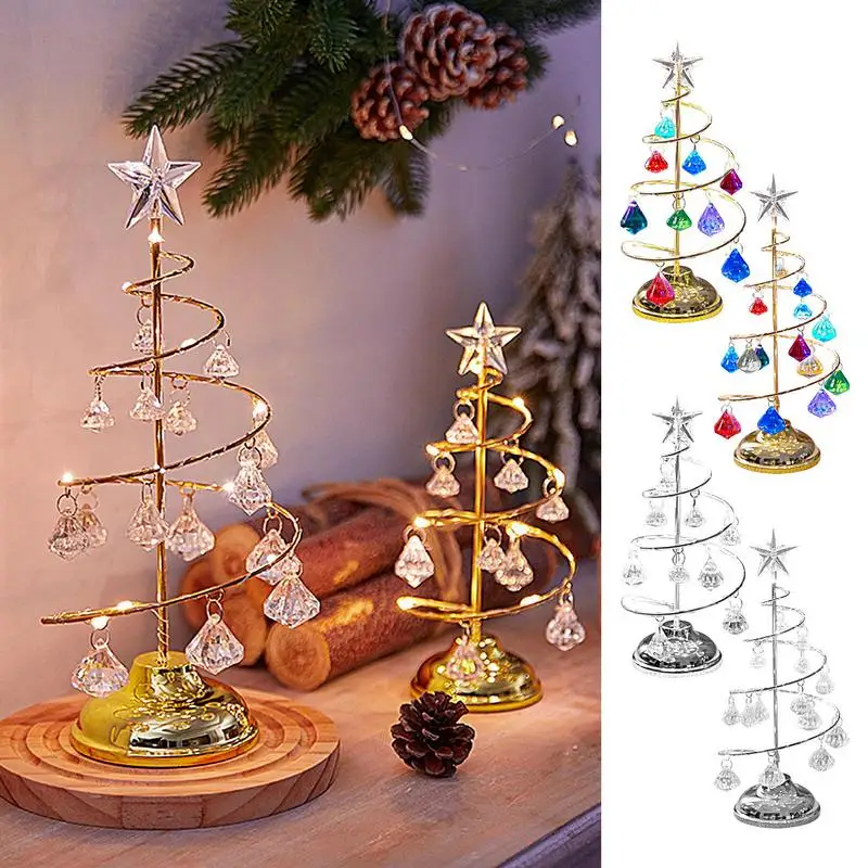 Tabletop Crystal Lighted Christmas Tree Rotating Glitter Christmas Tree Desk Ornament Electroplating Iron Art Winter Festival