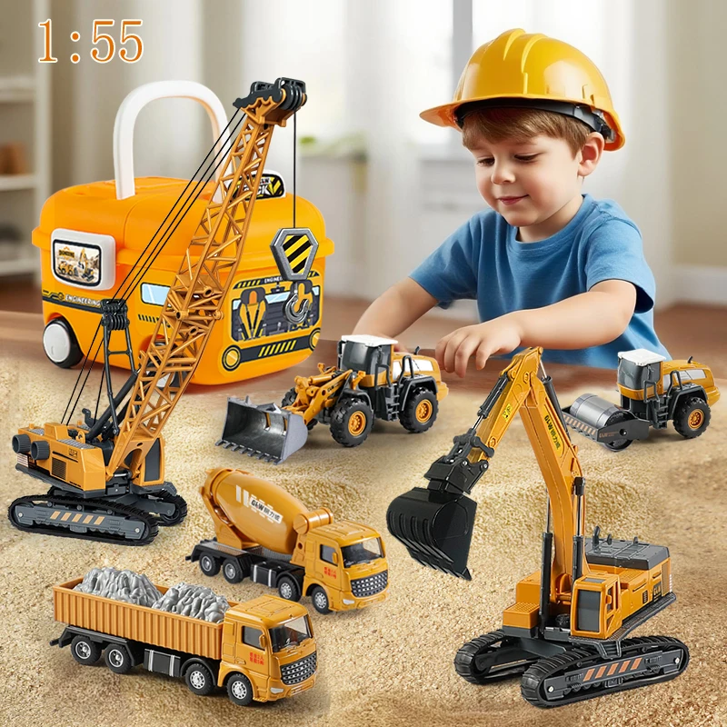 1:55 6 pçs/set simulação engenharia bulldozer escavadeira guindaste com caixa de armazenamento carro brinquedos liga diecast construção para o presente do menino