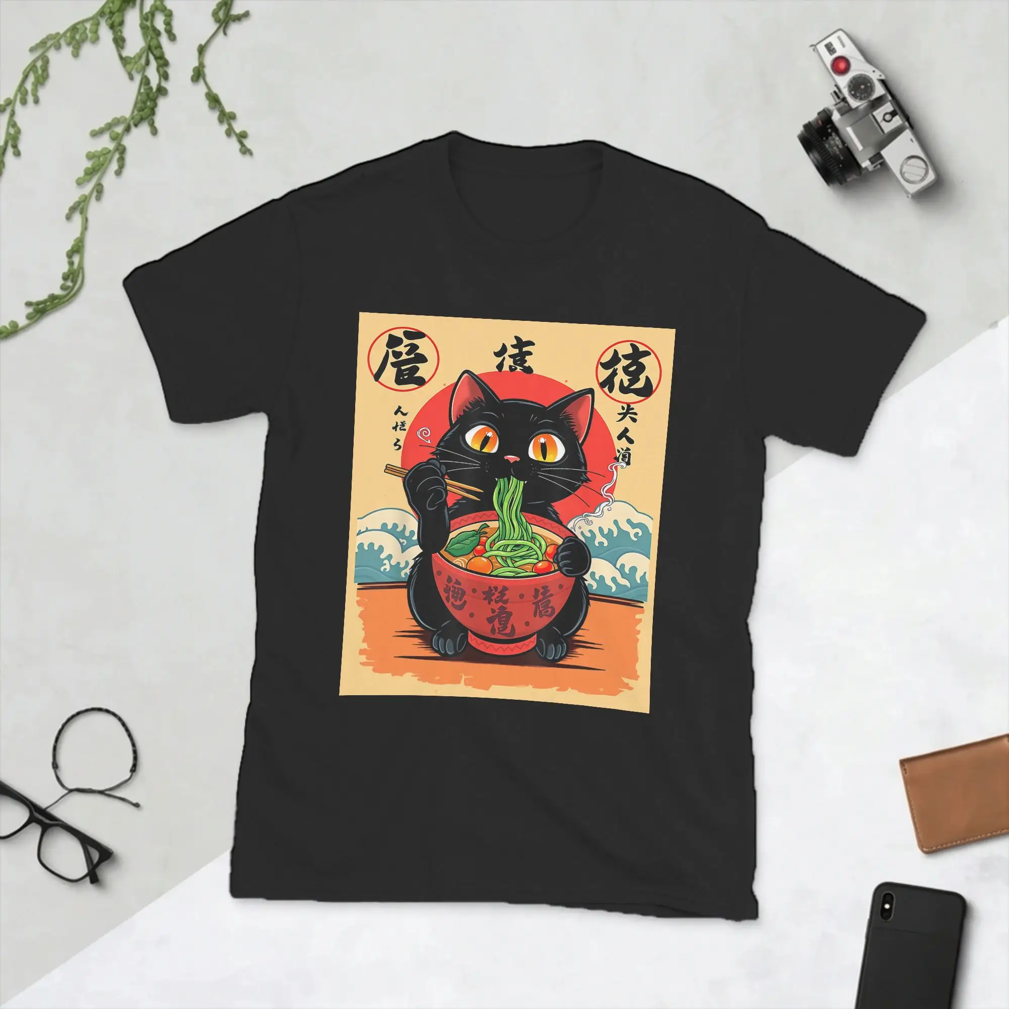 Men Japanese Black Cat Ramen T Shirts Kawaii Noodle Cat Cotton Clothes Novelty Short Sleeve Round Neck Tees T-Shirt