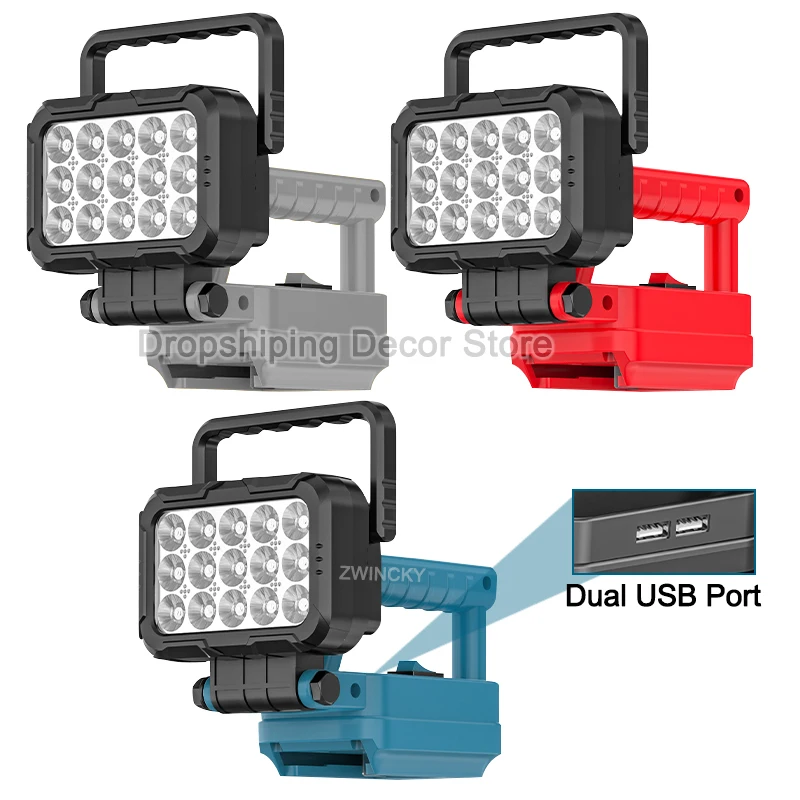 3 inch LED Work Light Suitable For Makita/Dewal/Milwaukee 18V Lithium Battery, Flashlight FloodLight With Handle Hook Dual USB