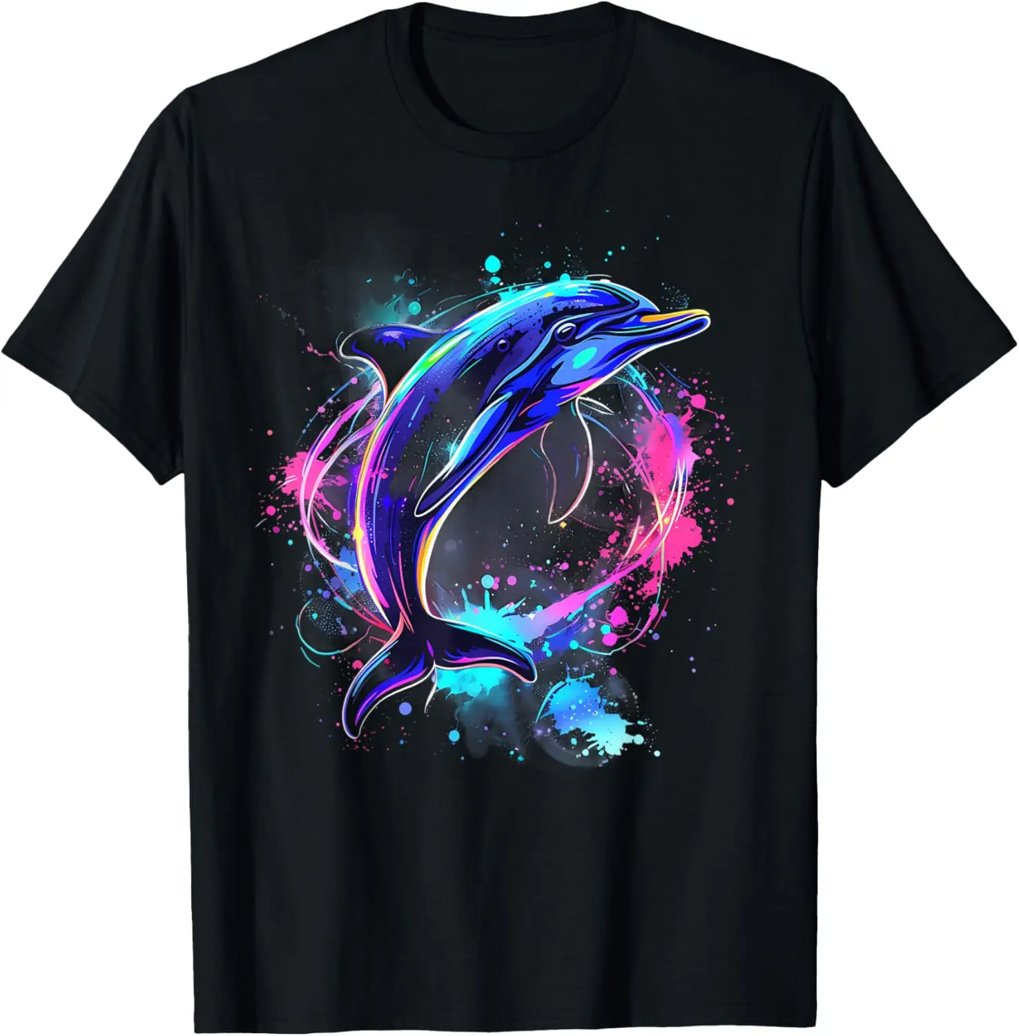 Neon Dolphin Watercolor Graphic Tee Abstract Splatter Print Short Sleeve T-Shirt Men