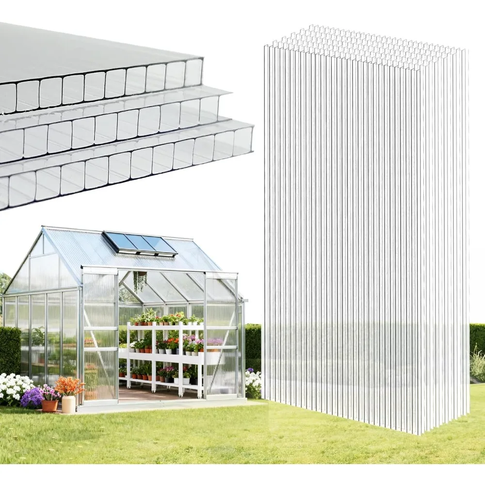 Paneles de invernadero de policarbonato de doble pared, 6 uds., 8'x4'x0,24", protección UV, revestimiento de techo para todas las estaciones para cubierta de jardín