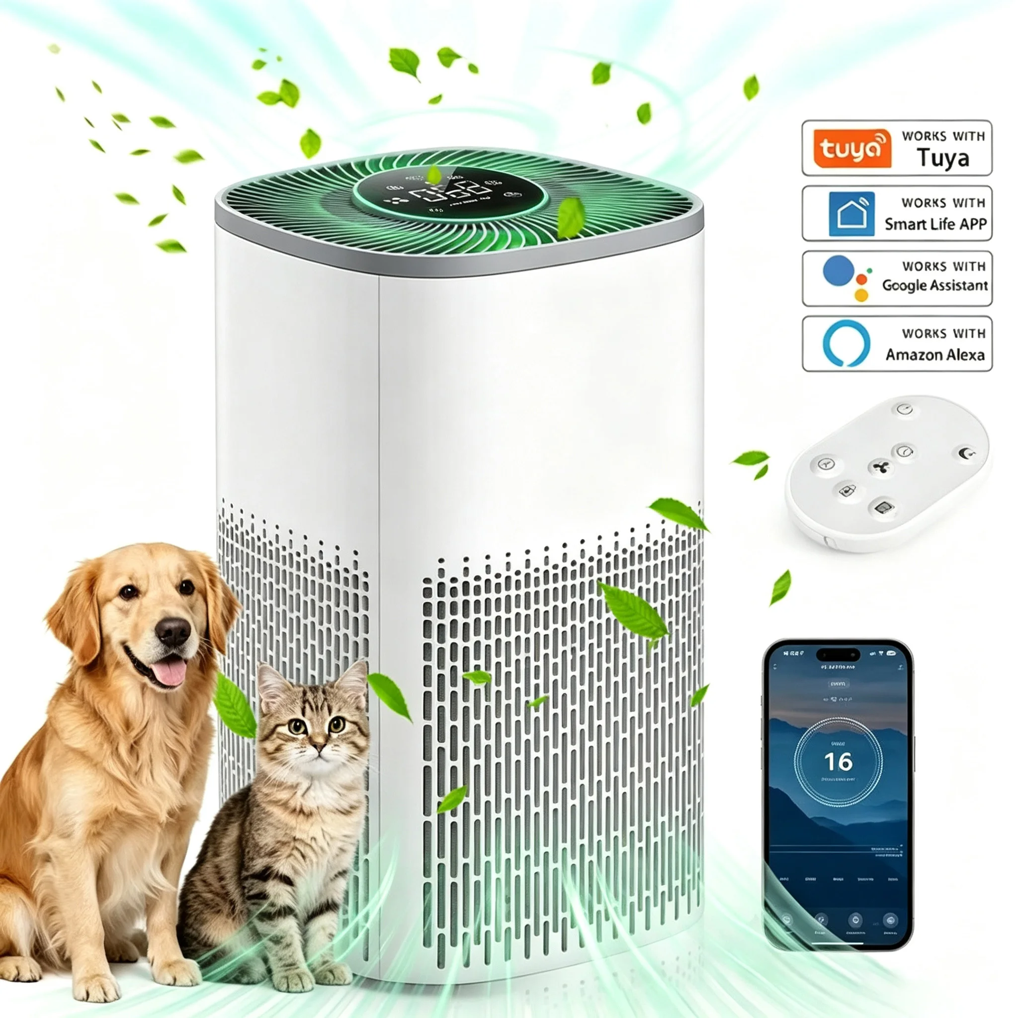 

Pet Air Purifier H13 HEPA Filter, Silent, Removes 99.97% of Odors, Pollen, and Dust, For Office, Bedroom, Alexa Control