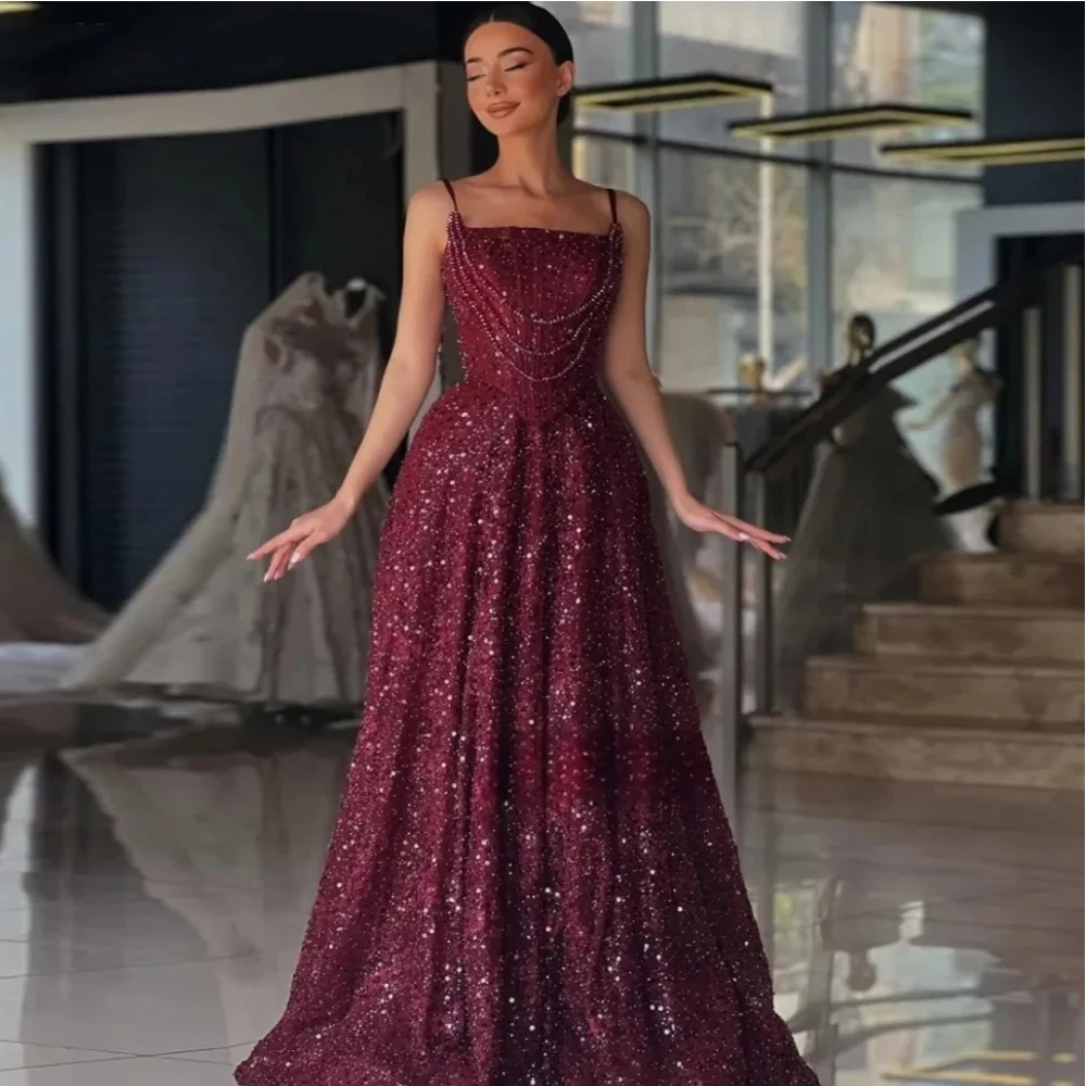 

Customized Burgundy Sequin Prom Dresses 2025 Spaghetti Strap A Line Corset Dress Beading Floor Length Wedding Party Gown