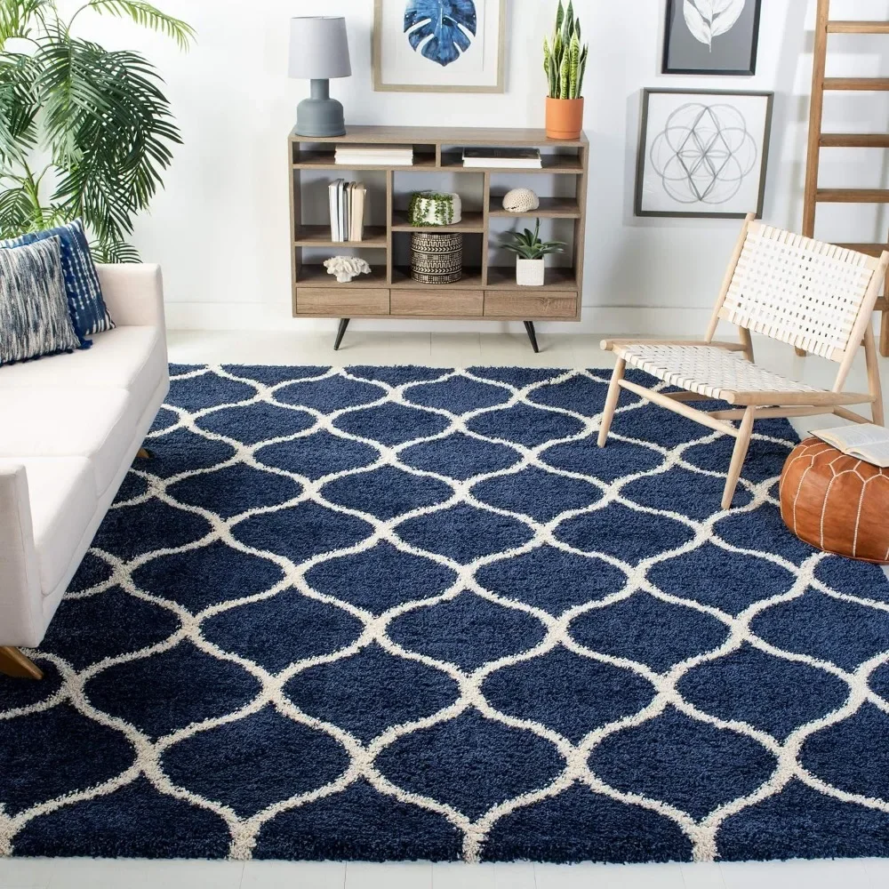 Collection Area Rug - 9' X 12' Malbon Navy & Ivory Anime Moroccan Ogee Trellis Design Mat for Hallway Bedroom Freight Free Rugs