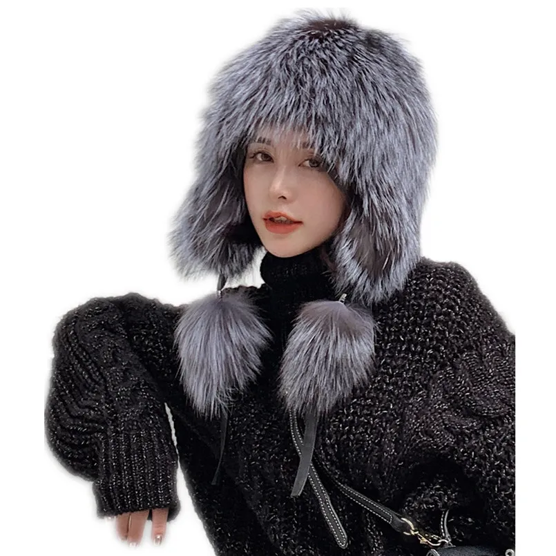 Winter Hat for Women 100% Natural Silver Fox Fur Hat with Earflap Elastic Hand Knitted Lined Cap Fluffy Head Accessories