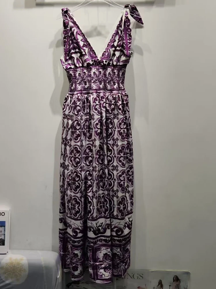 

Знаменитости, сине-белая фарфоровая печать, глубокий V-образный вырез, талия, длинная юбка на подтяжках, лето 2021, новое модное женское праздничное платье